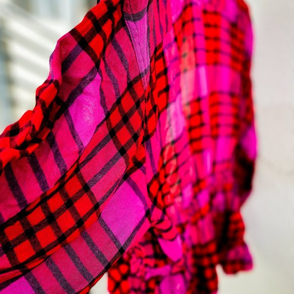 New Free People "Pacific Dawn" Medium Red Plaid Button up Top - Picture 7 of 12